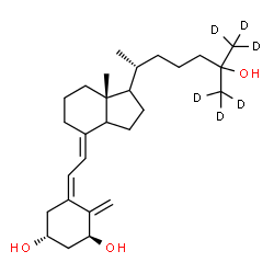 ChemSpider 2D Image | (1S,3R,5Z,7E,14xi,17xi)-(26,26,26,27,27,27-~2~H_6_)-9,10-Secocholesta-5,7,10-triene-1,3,25-triol | C27H38D6O3