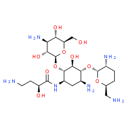 ChemSpider 2D Image | (2S)-4-Amino-N-{(1R,2S,3S,4R,5S)-5-amino-2-[(3-amino-3-deoxy-beta-D-glucopyranosyl)oxy]-4-[(2,6-diamino-2,3,4,6-tetradeoxy-alpha-D-erythro-hexopyranosyl)oxy]-3-hydroxycyclohexyl}-2-hydroxybutanamide | C22H44N6O10