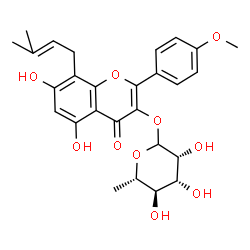 ChemSpider 2D Image | 5,7-Dihydroxy-2-(4-methoxyphenyl)-8-(3-methyl-2-buten-1-yl)-4-oxo-4H-chromen-3-yl 6-deoxy-L-mannopyranoside | C27H30O10