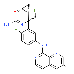 ChemSpider 2D Image | N-{3-[(1R,5S,6R)-3-Amino-5-(fluoromethyl)-2-oxa-4-azabicyclo[4.1.0]hept-3-en-5-yl]-4-fluorophenyl}-3-chloro-1,7-naphthyridin-8-amine | C20H16ClF2N5O