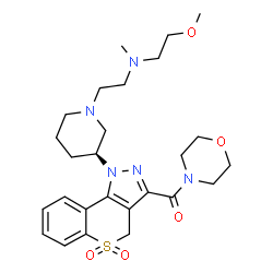 ChemSpider 2D Image | {1-[(3S)-1-{2-[(2-Methoxyethyl)(methyl)amino]ethyl}-3-piperidinyl]-5,5-dioxido-1,4-dihydrothiochromeno[4,3-c]pyrazol-3-yl}(4-morpholinyl)methanone | C26H37N5O5S