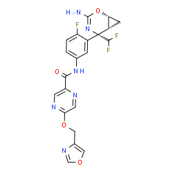 ChemSpider 2D Image | N-{3-[(1R,5S,6R)-3-Amino-5-(difluoromethyl)-2-oxa-4-azabicyclo[4.1.0]hept-3-en-5-yl]-4-fluorophenyl}-5-(1,3-oxazol-4-ylmethoxy)-2-pyrazinecarboxamide | C21H17F3N6O4