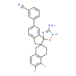 ChemSpider 2D Image | 3-(3''-Amino-5,6-difluoro-2''-methyl-3,4-dihydro-1H,2''H,3'H-dispiro[naphthalene-2,2'-indene-1',5''-[1,2,4]oxadiazol]-6'-yl)benzonitrile | C27H22F2N4O