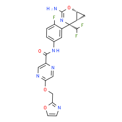 ChemSpider 2D Image | N-{3-[(1R,5S,6R)-3-Amino-5-(difluoromethyl)-2-oxa-4-azabicyclo[4.1.0]hept-3-en-5-yl]-4-fluorophenyl}-5-(1,3-oxazol-2-ylmethoxy)-2-pyrazinecarboxamide | C21H17F3N6O4