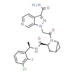 ChemSpider 2D Image | 1-{2-[(1R,3S,5R)-3-{[(1R)-1-(3-Chloro-2-fluorophenyl)ethyl]carbamoyl}-2-azabicyclo[3.1.0]hex-2-yl]-2-oxoethyl}-1H-pyrazolo[3,4-c]pyridine-3-carboxamide | C23H22ClFN6O3