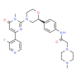 ChemSpider 2D Image | N-(4-{(2S)-4-[4-(3-Fluoro-4-pyridinyl)-1-methyl-6-oxo-1,6-dihydro-2-pyrimidinyl]-2-morpholinyl}phenyl)-2-(4-methyl-1-piperazinyl)acetamide | C27H32FN7O3