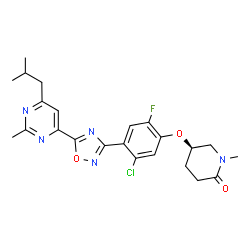 ChemSpider 2D Image | (5R)-5-{5-Chloro-2-fluoro-4-[5-(6-isobutyl-2-methyl-4-pyrimidinyl)-1,2,4-oxadiazol-3-yl]phenoxy}-1-methyl-2-piperidinone | C23H25ClFN5O3