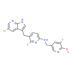 ChemSpider 2D Image | 5-[(5-Chloro-1H-pyrrolo[2,3-b]pyridin-3-yl)methyl]-6-fluoro-N-[(5-fluoro-6-methoxy-3-pyridinyl)methyl]-2-pyridinamine | C20H16ClF2N5O