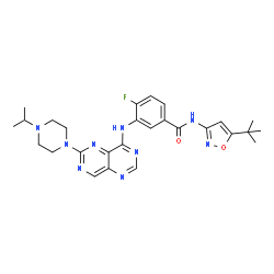 ChemSpider 2D Image | 4-Fluoro-3-{[6-(4-isopropyl-1-piperazinyl)pyrimido[5,4-d]pyrimidin-4-yl]amino}-N-[5-(2-methyl-2-propanyl)-1,2-oxazol-3-yl]benzamide | C27H32FN9O2