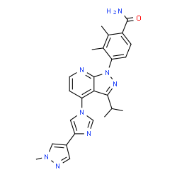 ChemSpider 2D Image | 4-{3-Isopropyl-4-[4-(1-methyl-1H-pyrazol-4-yl)-1H-imidazol-1-yl]-1H-pyrazolo[3,4-b]pyridin-1-yl}-2,3-dimethylbenzamide | C25H26N8O