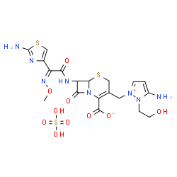 ChemSpider 2D Image | 3-{[5-Amino-1-(2-hydroxyethyl)-1H-pyrazol-2-ium-2-yl]methyl}-7-{[(2Z)-2-(2-amino-1,3-thiazol-4-yl)-2-(methoxyimino)acetyl]amino}-8-oxo-5-thia-1-azabicyclo[4.2.0]oct-2-ene-2-carboxylate sulfate (1:1) | C19H24N8O10S3