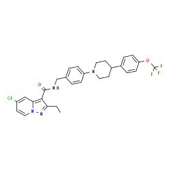 ChemSpider 2D Image | 5-Chloro-2-ethyl-N-(4-{4-[4-(trifluoromethoxy)phenyl]-1-piperidinyl}benzyl)pyrazolo[1,5-a]pyridine-3-carboxamide | C29H28ClF3N4O2