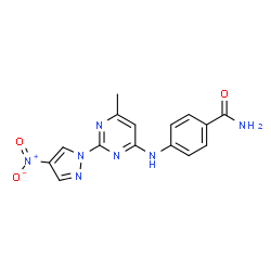 ChemSpider 2D Image | 4-{[6-methyl-2-(4-nitropyrazol-1-yl)pyrimidin-4-yl]amino}benzamide | C15H13N7O3