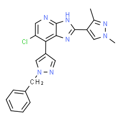 ChemSpider 2D Image | 7-(1-Benzyl-1H-pyrazol-4-yl)-6-chloro-2-(1,3-dimethyl-1H-pyrazol-4-yl)-3H-imidazo[4,5-b]pyridine | C21H18ClN7