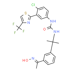 ChemSpider 2D Image | 1-{4-Chloro-3-[4-(trifluoromethyl)-1,3-thiazol-2-yl]phenyl}-3-(2-{3-[(1E)-N-hydroxyethanimidoyl]phenyl}-2-propanyl)urea | C22H20ClF3N4O2S