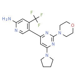 ChemSpider 2D Image | 5-[2-(4-Morpholinyl)-6-(1-pyrrolidinyl)-4-pyrimidinyl]-4-(trifluoromethyl)-2-pyridinamine | C18H21F3N6O