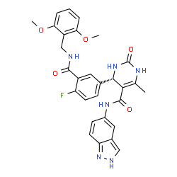 ChemSpider 2D Image | (4S)-4-{3-[(2,6-Dimethoxybenzyl)carbamoyl]-4-fluorophenyl}-N-(1H-indazol-5-yl)-6-methyl-2-oxo-1,2,3,4-tetrahydro-5-pyrimidinecarboxamide | C29H27FN6O5