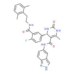 ChemSpider 2D Image | (4S)-4-(3-{[2-(2,6-Dimethylphenyl)ethyl]carbamoyl}-4-fluorophenyl)-N-(1H-indazol-5-yl)-6-methyl-2-oxo-1,2,3,4-tetrahydro-5-pyrimidinecarboxamide | C30H29FN6O3