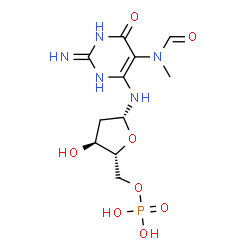 ChemSpider 2D Image | N-{2-Amino-5-[formyl(methyl)amino]-6-hydroxy-4-pyrimidinyl}-2-deoxy-5-O-phosphono-beta-D-erythro-pentofuranosylamine | C11H18N5O8P
