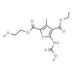 ChemSpider 2D Image | 4-Ethyl 2-(2-methoxyethyl) 5-[(methoxycarbonyl)amino]-3-methyl-2,4-thiophenedicarboxylate | C14H19NO7S