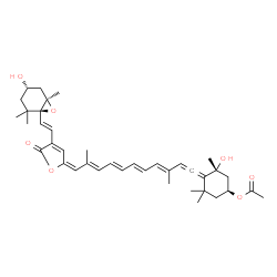 ChemSpider 2D Image | (1S,3R)-3-Hydroxy-4-{(3E,5E,7E,9E,11E)-11-[4-{(E)-2-[(1S,4S,6R)-4-hydroxy-2,2,6-trimethyl-7-oxabicyclo[4.1.0]hept-1-yl]vinyl}-5-oxo-2(5H)-furanylidene]-3,10-dimethyl-1,3,5,7,9-undecapentaen-1-ylidene}
-3,5,5-trimethylcyclohexyl acetate | C39H50O7