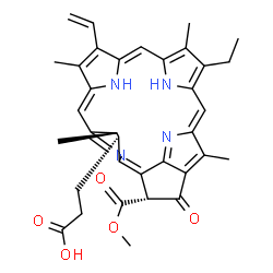 ChemSpider 2D Image | 3-[(3S,4S,21R)-14-Ethyl-21-(methoxycarbonyl)-4,8,13,18-tetramethyl-20-oxo-9-vinyl-24,25-dihydro-3-phorbinyl]propanoic acid | C35H36N4O5