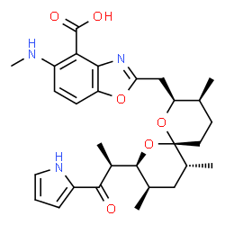 ChemSpider 2D Image | 5-(Methylamino)-2-({(2S,3S,6S,8S,9R,11R)-3,9,11-trimethyl-8-[(2S)-1-oxo-1-(1H-pyrrol-2-yl)-2-propanyl]-1,7-dioxaspiro[5.5]undec-2-yl}methyl)-1,3-benzoxazole-4-carboxylic acid | C29H37N3O6