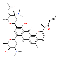 ChemSpider 2D Image | (2R,3R,4R,6S)-4-(Dimethylamino)-6-(8-[(2S,4R,5R,6R)-4-(dimethylamino)-5-hydroxy-6-methyltetrahydro-2H-pyran-2-yl]-11-hydroxy-5-methyl-2-{(2S,3R)-2-methyl-3-[(1E)-1-propen-1-yl]-2-oxiranyl}-4,7,12-trio
xo-7,12-dihydro-4H-naphtho[2,3-h]chromen-10-yl)-2,4-dimethyltetrahydro-2H-pyran-3-yl acetate (non-preferred name) | C43H52N2O11