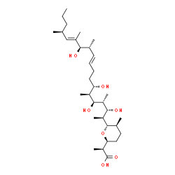 ChemSpider 2D Image | (2S)-2-{(2S,5S,6S)-5-Methyl-6-[(2S,3S,4S,5S,6S,7S,10E,12R,13R,14E,16S)-3,5,7,13-tetrahydroxy-4,6,12,14,16-pentamethyl-10,14-nonadecadien-2-yl]tetrahydro-2H-pyran-2-yl}propanoic acid | C33H60O7
