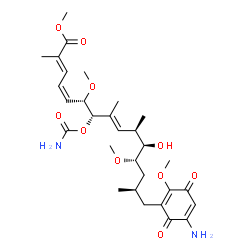 ChemSpider 2D Image | Methyl (2E,4Z,6S,7S,8E,10R,11R,12S,14R)-15-(5-amino-2-methoxy-3,6-dioxo-1,4-cyclohexadien-1-yl)-7-(carbamoyloxy)-11-hydroxy-6,12-dimethoxy-2,8,10,14-tetramethyl-2,4,8-pentadecatrienoate | C30H44N2O10
