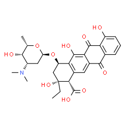 ChemSpider 2D Image | (1S,2R,4R)-2-Ethyl-2,5,7-trihydroxy-6,11-dioxo-4-{[2,3,6-trideoxy-3-(dimethylamino)-alpha-L-lyxo-hexopyranosyl]oxy}-1,2,3,4,6,11-hexahydro-1-tetracenecarboxylic acid | C29H33NO10