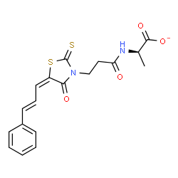 ChemSpider 2D Image | (2R)-2-[(3-{(5E)-4-Oxo-5-[(2E)-3-phenyl-2-propen-1-ylidene]-2-thioxo-1,3-thiazolidin-3-yl}propanoyl)amino]propanoate | C18H17N2O4S2