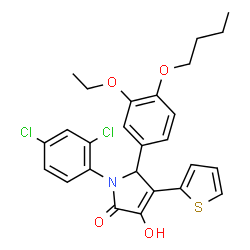 ChemSpider 2D Image | 5-(4-Butoxy-3-ethoxyphenyl)-1-(2,4-dichlorophenyl)-3-hydroxy-4-(2-thienyl)-1,5-dihydro-2H-pyrrol-2-one | C26H25Cl2NO4S