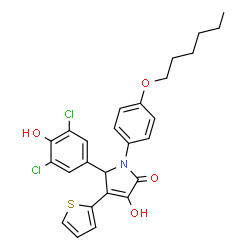 ChemSpider 2D Image | 5-(3,5-Dichloro-4-hydroxyphenyl)-1-[4-(hexyloxy)phenyl]-3-hydroxy-4-(2-thienyl)-1,5-dihydro-2H-pyrrol-2-one | C26H25Cl2NO4S