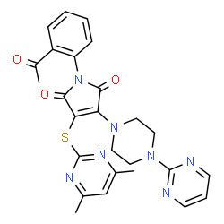 ChemSpider 2D Image | 1-(2-Acetylphenyl)-3-[(4,6-dimethyl-2-pyrimidinyl)sulfanyl]-4-[4-(2-pyrimidinyl)-1-piperazinyl]-1H-pyrrole-2,5-dione | C26H25N7O3S
