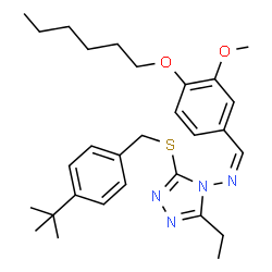 ChemSpider 2D Image | (Z)-N-(3-Ethyl-5-{[4-(2-methyl-2-propanyl)benzyl]sulfanyl}-4H-1,2,4-triazol-4-yl)-1-[4-(hexyloxy)-3-methoxyphenyl]methanimine | C29H40N4O2S