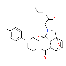 ChemSpider 2D Image | Ethyl [(5S,6S,7R)-6-{[4-(4-fluorophenyl)-1-piperazinyl]carbonyl}-4-oxo-10-oxa-3-azatricyclo[5.2.1.0~1,5~]dec-8-en-3-yl]acetate | C23H26FN3O5