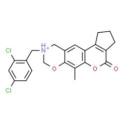 ChemSpider 2D Image | 9-(2,4-Dichlorobenzyl)-6-methyl-4-oxo-1,2,3,4,9,10-hexahydro-8H-cyclopenta[3,4]chromeno[6,7-e][1,3]oxazin-9-ium | C22H20Cl2NO3
