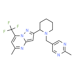 ChemSpider 2D Image | 5-Methyl-2-{1-[(2-methyl-5-pyrimidinyl)methyl]-2-piperidinyl}-7-(trifluoromethyl)pyrazolo[1,5-a]pyrimidine | C19H21F3N6