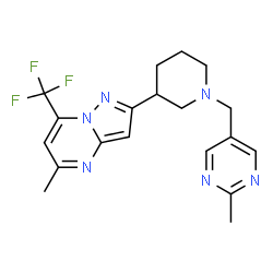 ChemSpider 2D Image | 5-Methyl-2-{1-[(2-methyl-5-pyrimidinyl)methyl]-3-piperidinyl}-7-(trifluoromethyl)pyrazolo[1,5-a]pyrimidine | C19H21F3N6