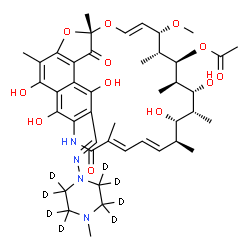 ChemSpider 2D Image | (7S,9E,11S,12R,13S,14R,15R,16R,17S,18S,19E,21E)-2,15,17,27,29-Pentahydroxy-11-methoxy-3,7,12,14,16,18,22-heptamethyl-26-[(E)-{[4-methyl(~2~H_8_)-1-piperazinyl]imino}methyl]-6,23-dioxo-8,30-dioxa-24-az
atetracyclo[23.3.1.1~4,7~.0~5,28~]triaconta-1(29),2,4,9,19,21,25,27-octaen-13-yl acetate | C43H50D8N4O12