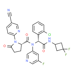 ChemSpider 2D Image | N-{(1R)-1-(2-Chlorophenyl)-2-[(3,3-difluorocyclobutyl)amino]-2-oxoethyl}-1-(5-cyano-2-pyridinyl)-N-(5-fluoro-3-pyridinyl)-5-oxo-L-prolinamide | C28H22ClF3N6O3