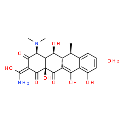 ChemSpider 2D Image | (2E,4S,5S,5aR,6R,12aS)-2-[Amino(hydroxy)methylene]-4-(dimethylamino)-5,10,11,12a-tetrahydroxy-6-methyl-4a,5a,6,12a-tetrahydro-1,3,12(2H,4H,5H)-tetracenetrione hydrate (1:1) | C22H26N2O9