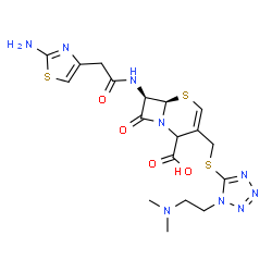 ChemSpider 2D Image | (6R,7R)-7-{[(2-Amino-1,3-thiazol-4-yl)acetyl]amino}-3-[({1-[2-(dimethylamino)ethyl]-1H-tetrazol-5-yl}sulfanyl)methyl]-8-oxo-5-thia-1-azabicyclo[4.2.0]oct-3-ene-2-carboxylic acid | C18H23N9O4S3