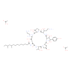 ChemSpider 2D Image | N-{(2R,6S,9S,11R,12R,14aS,15S,20S,23S,25aS)-12-[(2-Aminoethyl)amino]-20-[(1R)-3-amino-1-hydroxypropyl]-23-[(1S,2S)-1,2-dihydroxy-2-(4-hydroxyphenyl)ethyl]-2,11,15-trihydroxy-6-[(1R)-1-hydroxyethyl]-5,
8,14,19,22,25-hexaoxotetracosahydro-1H-dipyrrolo[2,1-c:2',1'-l][1,4,7,10,13,16]hexaazacyclohenicosin-9-yl}-10,12-dimethyltetradecanamide acetate (1:2) | C56H96N10O19