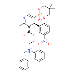 ChemSpider 2D Image | 2-[(4S,5E)-5-[{2-[Benzyl(phenyl)ammonio]ethoxy}(oxido)methylene]-2,6-dimethyl-4-(3-nitrophenyl)-4,5-dihydro-3-pyridinyl]-5,5-dimethyl-1,3,2-dioxaphosphinan-2-ium-2-olate | C34H38N3O7P