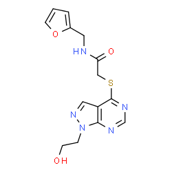 ChemSpider 2D Image | N-(2-Furylmethyl)-2-{[1-(2-hydroxyethyl)-1H-pyrazolo[3,4-d]pyrimidin-4-yl]sulfanyl}acetamide | C14H15N5O3S