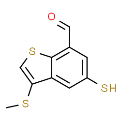 ChemSpider 2D Image | 3-(Methylsulfanyl)-5-sulfanyl-1-benzothiophene-7-carbaldehyde | C10H8OS3