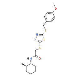 ChemSpider 2D Image | 2-({5-[(4-Methoxybenzyl)sulfanyl]-1,3,4-thiadiazol-2-yl}sulfanyl)-N-[(1R,2R)-2-methylcyclohexyl]acetamide | C19H25N3O2S3