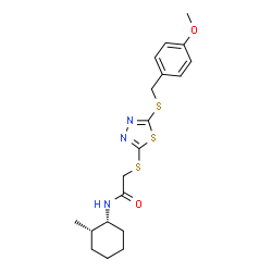 ChemSpider 2D Image | 2-({5-[(4-Methoxybenzyl)sulfanyl]-1,3,4-thiadiazol-2-yl}sulfanyl)-N-[(1R,2S)-2-methylcyclohexyl]acetamide | C19H25N3O2S3